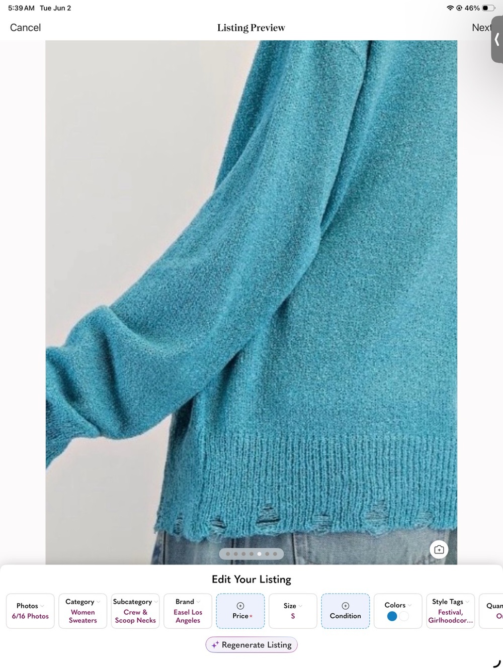 Easel Electric Smiley Face Distressed Sweater Turquoise Teal Blue Size Small NWT - Picture 3 of 8